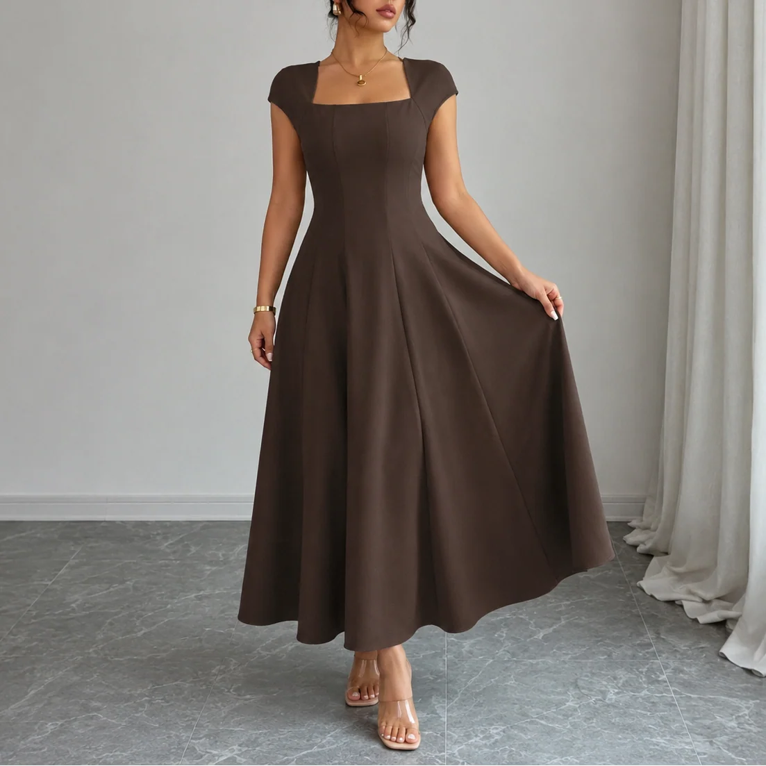 Black Midi Dress | Women's Square-Neck A-Line Dress 10