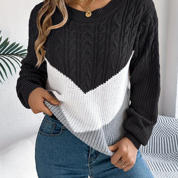 Blythe | Women's Sweater | Color-Block Cable Knit Crew Neck Pullover