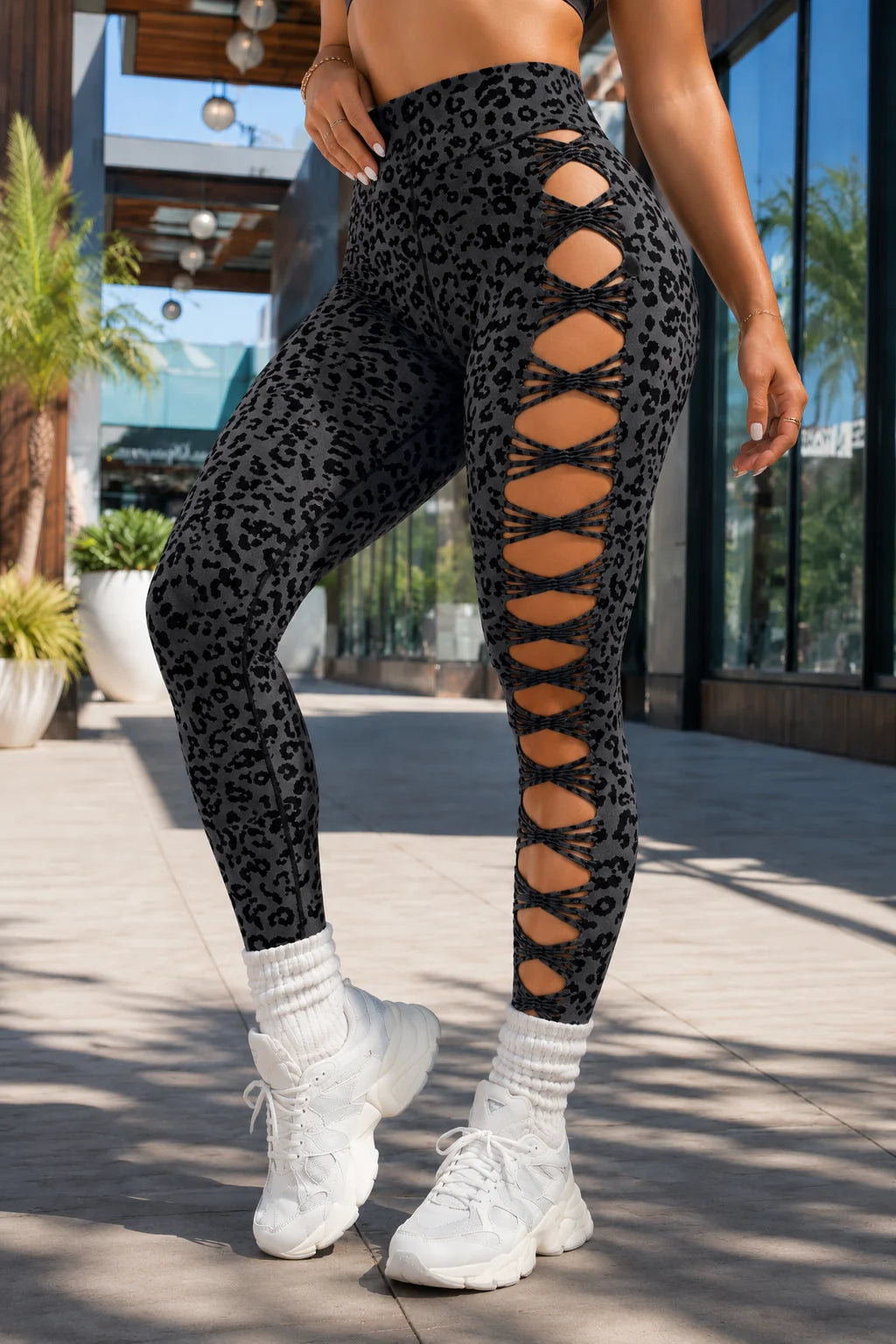 Leopard Print Lace-Up Cutout Leggings | Women's High-Waisted Activewear 9