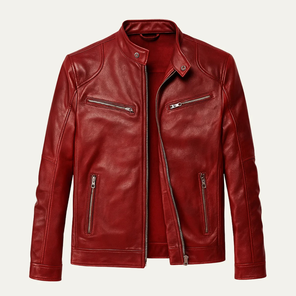 Men's Leather Jacket Burgundy | Tailored Fit Zip Up 6