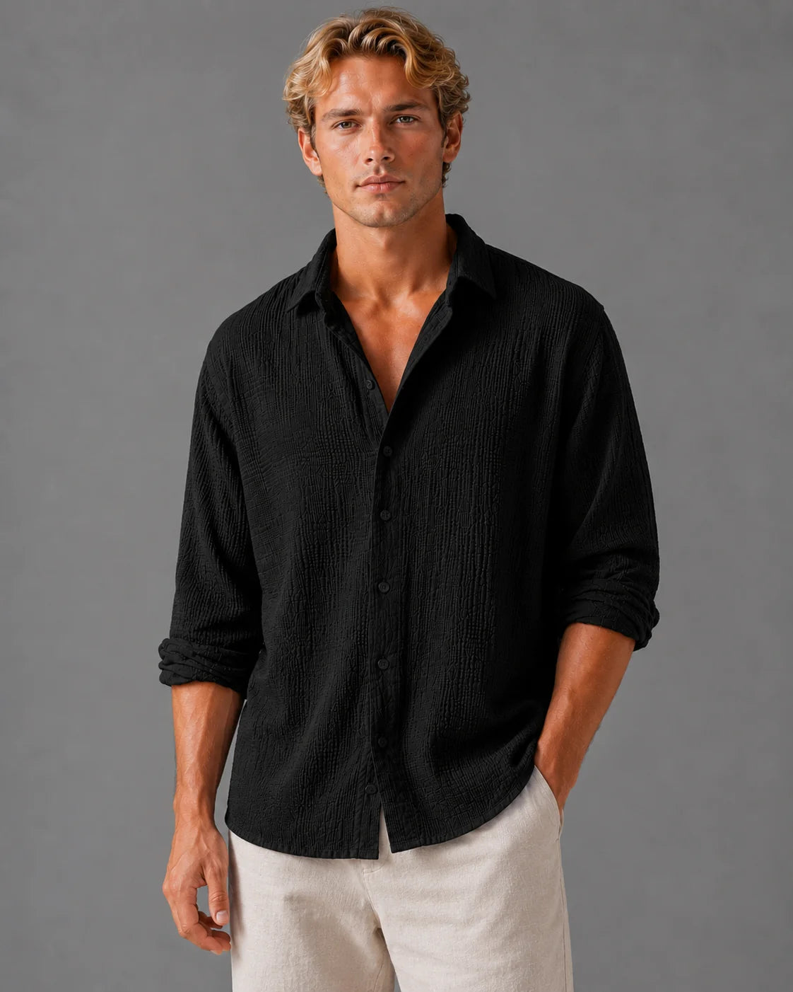 Men's Linen Blend Shirt White Classic Button Front 8