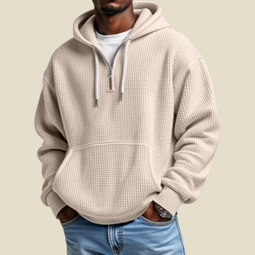 Men's Waffle Knit Quarter Zip Hoodie | Relaxed Fit Sweatshirt