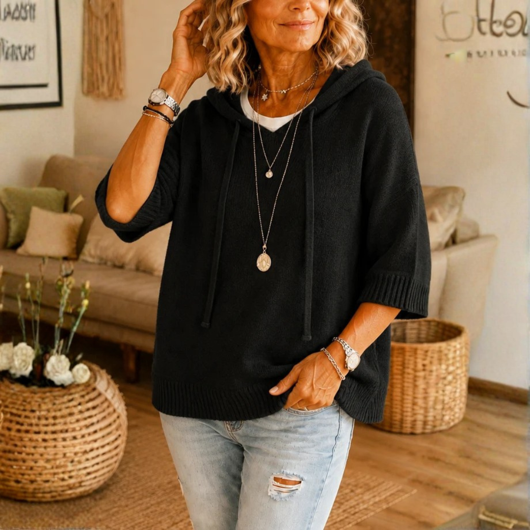 Loungel | Distressed Open-Knit Drawstring Hoodie