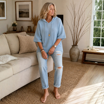 Loungel | Distressed Open-Knit Drawstring Hoodie