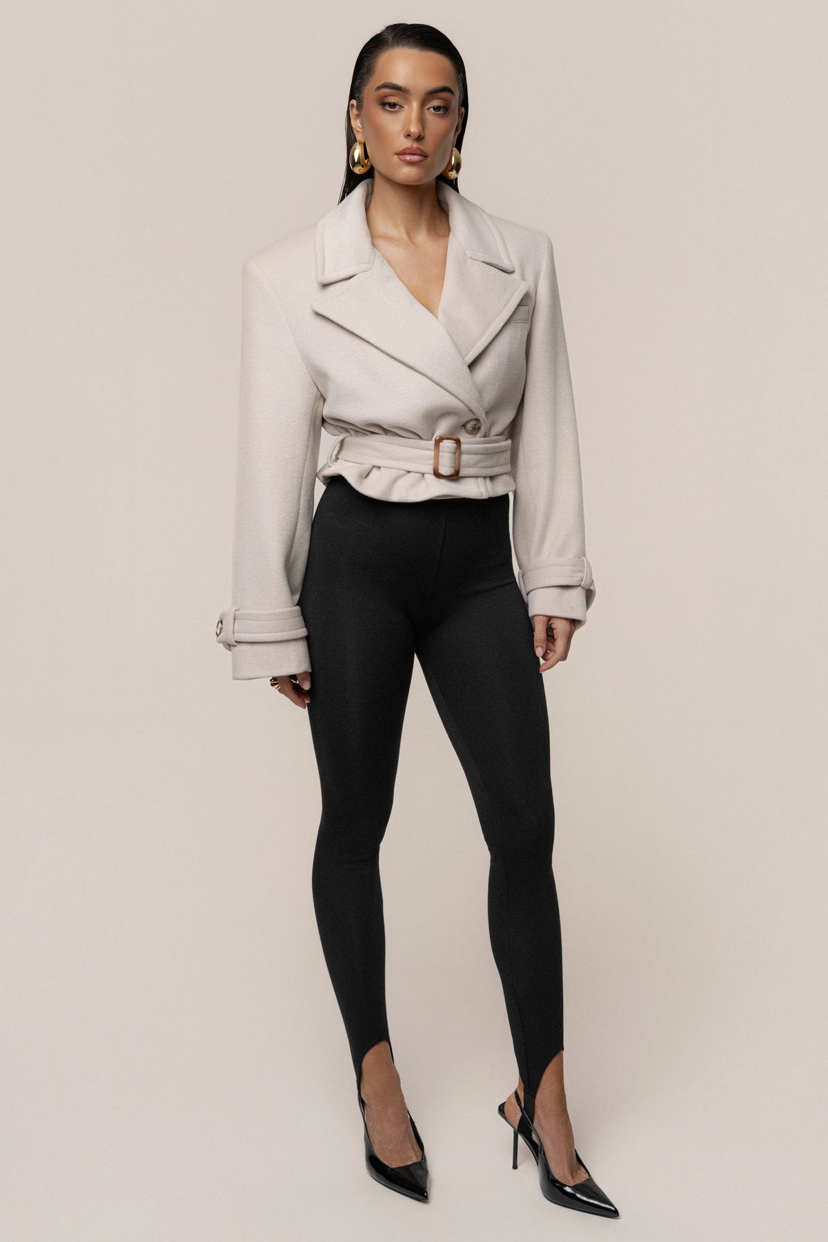 Beige Crop Jacket with Belted Waist | Women's Jacket 2