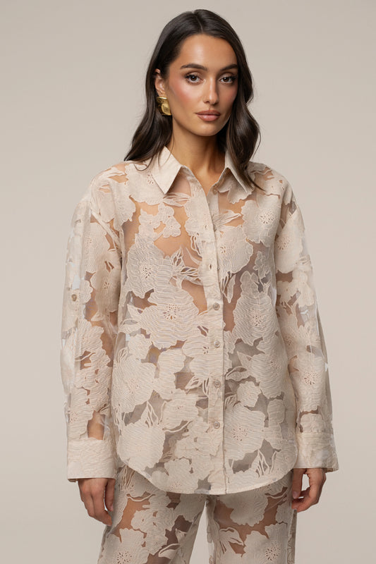 Beige Floral Organza Blouse | Women's Long Sleeve Top 0
