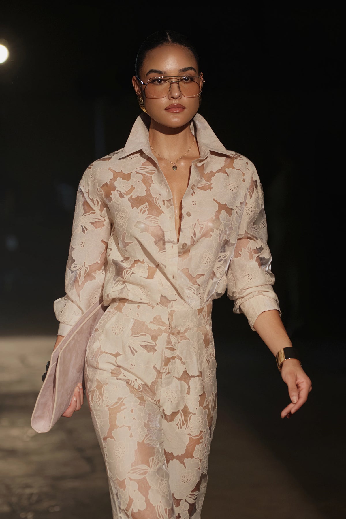Beige Floral Organza Blouse | Women's Long Sleeve Top 1