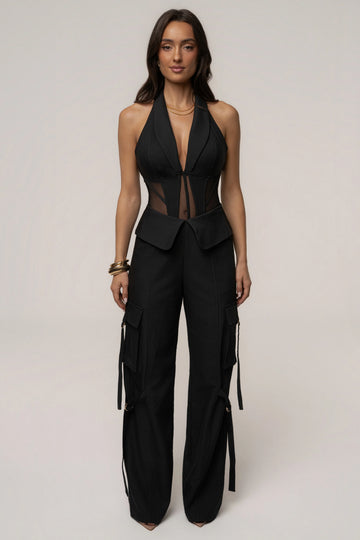 Black Cargo Pants | Women's Wide Leg Trousers with Pockets