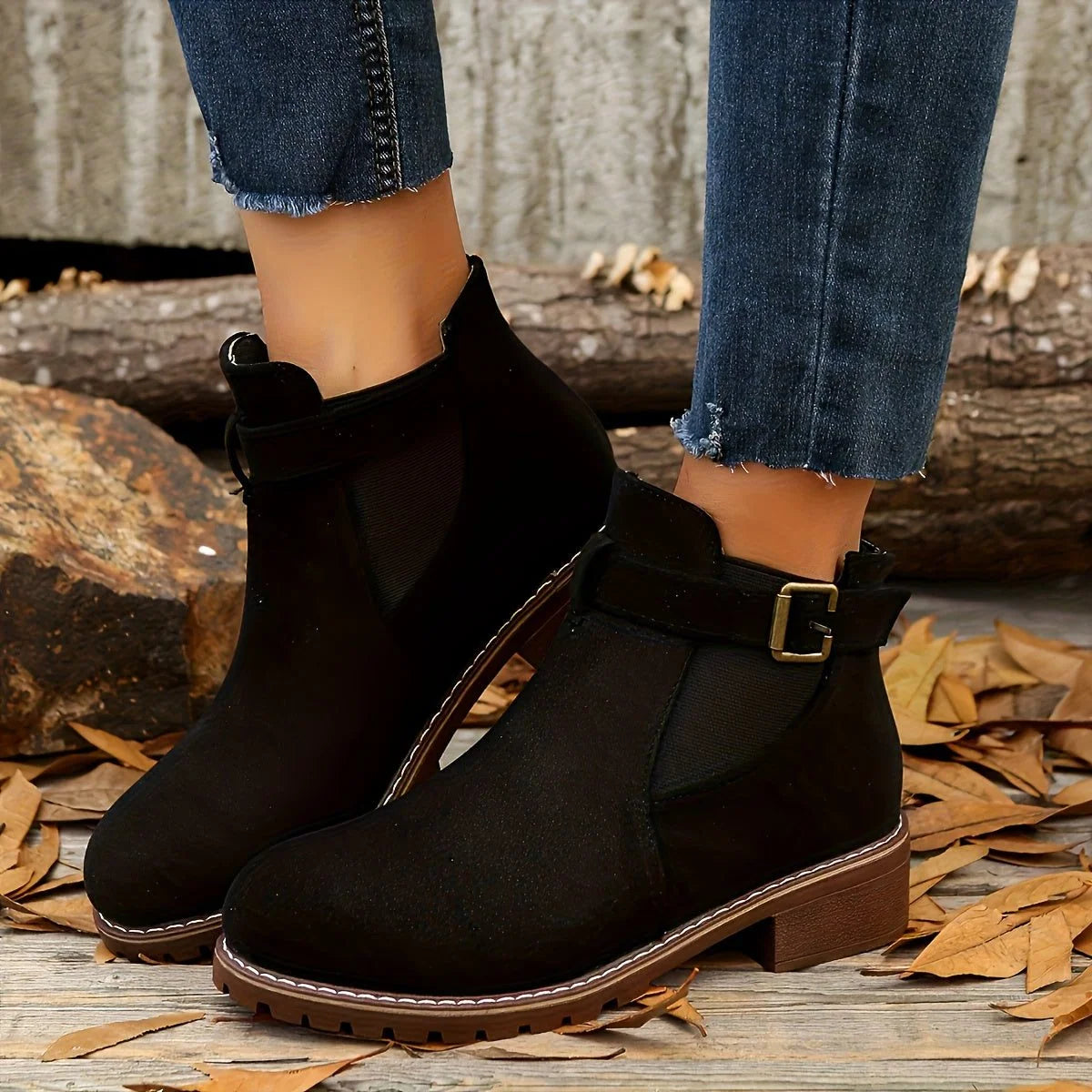 Black Chelsea Ankle Boots | Women's Block Heel with Buckle Strap 0
