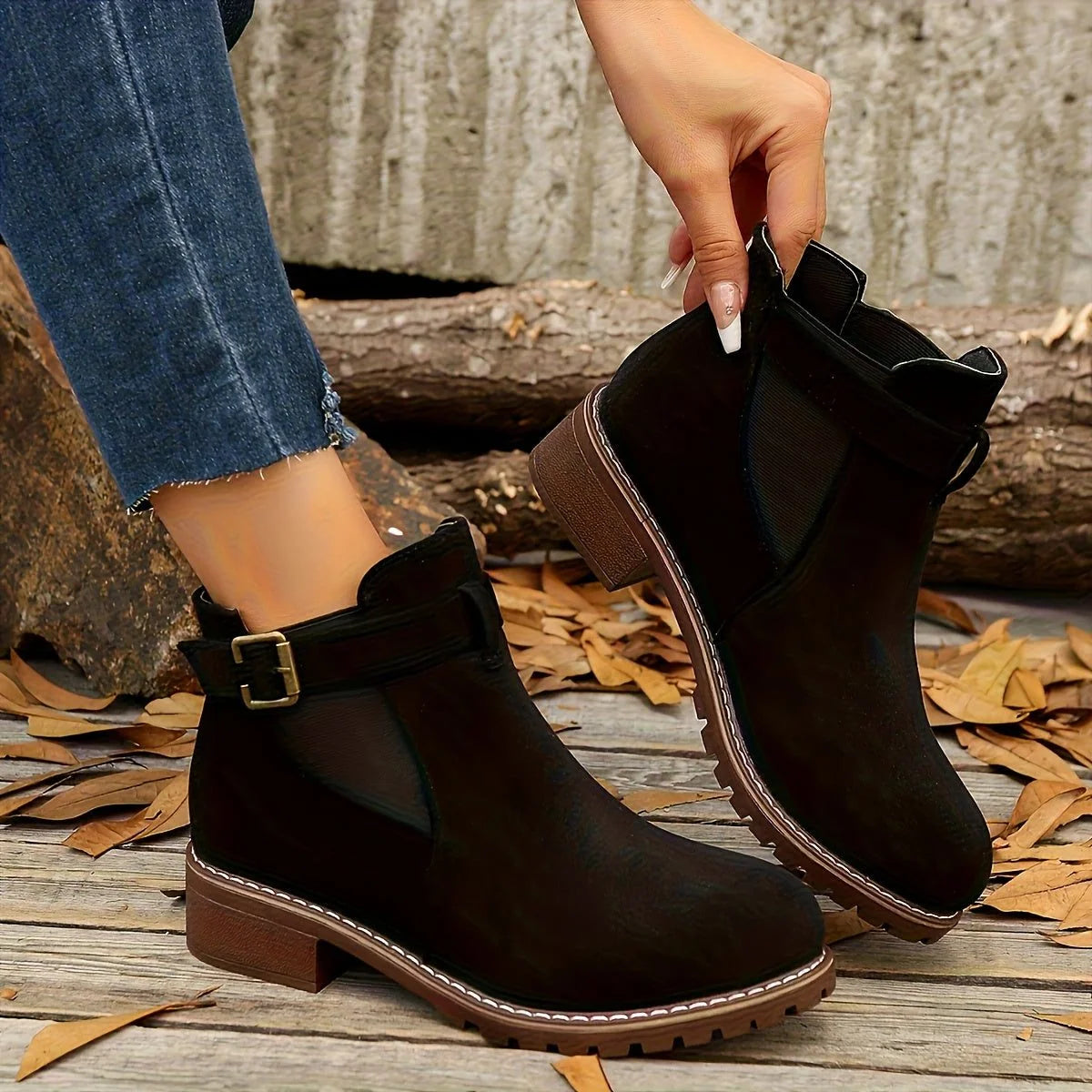 Black Chelsea Ankle Boots | Women's Block Heel with Buckle Strap 5