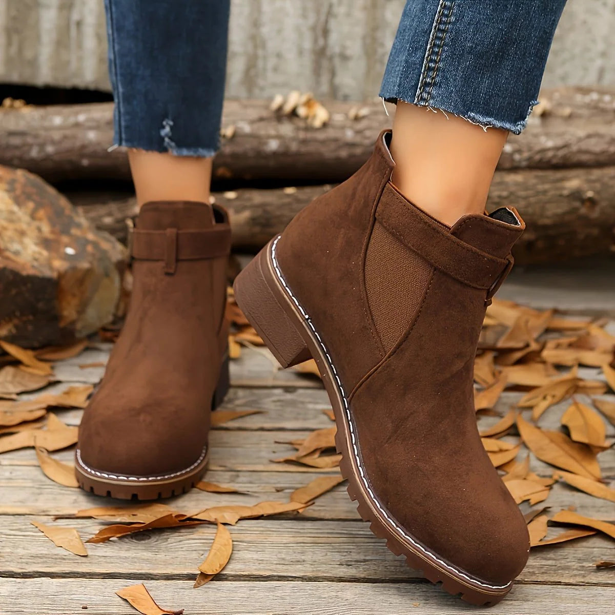 Black Chelsea Ankle Boots | Women's Block Heel with Buckle Strap 7
