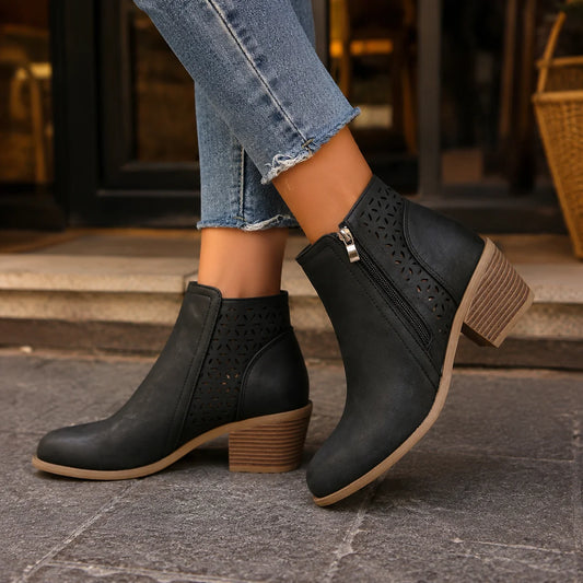 Black Cutout Ankle Boots | Women's Suede Mid Block Heel 0