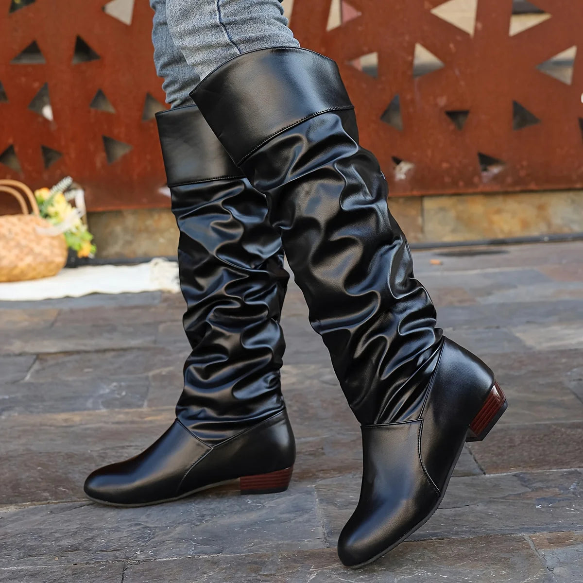 Black Knee High Boots | Women's Slouch Leather Long Boots 1