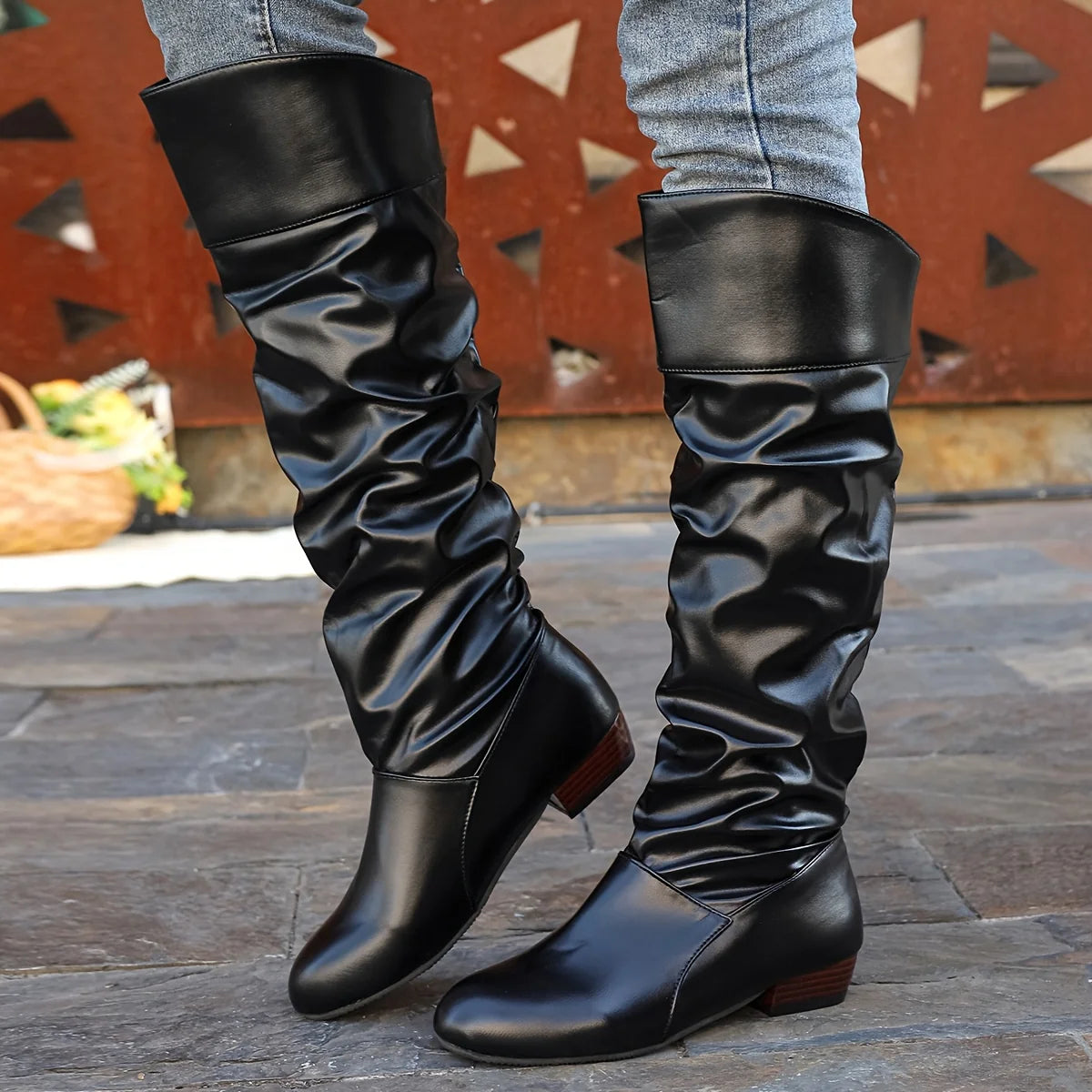 Black Knee High Boots | Women's Slouch Leather Long Boots 6