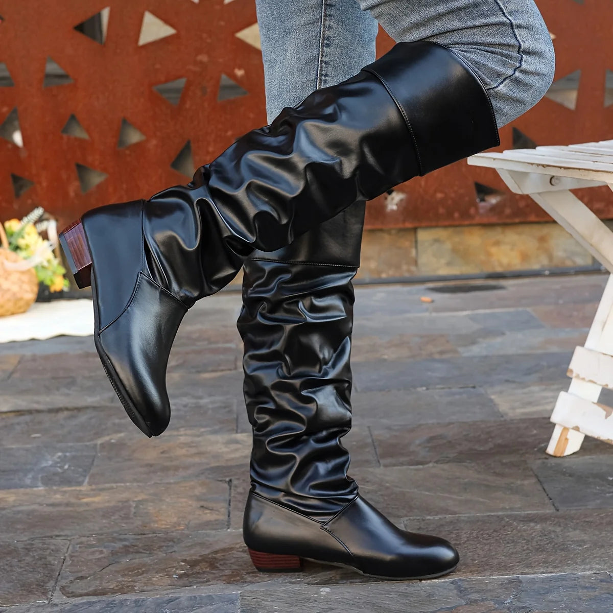 Black Knee High Boots | Women's Slouch Leather Long Boots 7