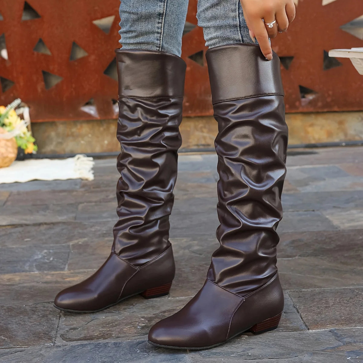 Black Knee High Boots | Women's Slouch Leather Long Boots 8