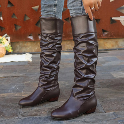 Black Knee High Boots | Women's Slouch Leather Long Boots 8