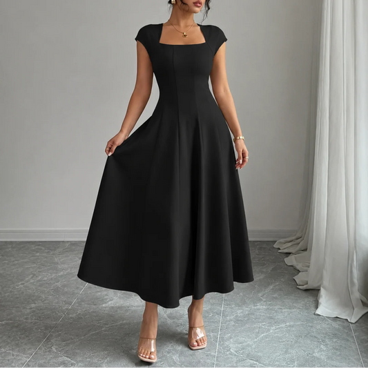 Black Midi Dress | Women's Square-Neck A-Line Dress 11