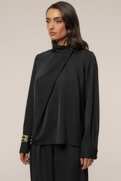 Black Satin Blouse | Women's Long Sleeve Tops Elegant Fit 4