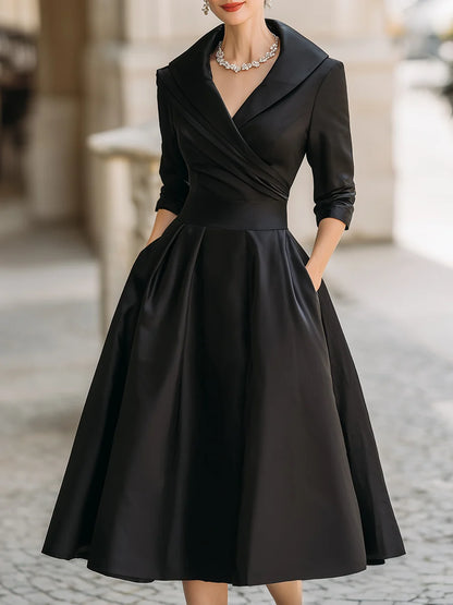 Black Satin Midi Dress | Long Sleeve Vintage Style for Women 0