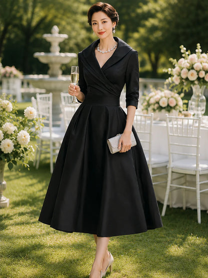 Black Satin Midi Dress | Long Sleeve Vintage Style for Women 1