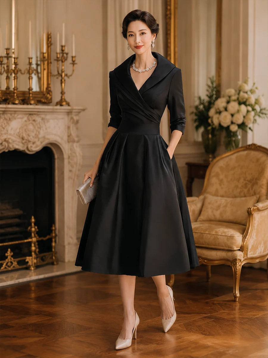 Black Satin Midi Dress | Long Sleeve Vintage Style for Women 2