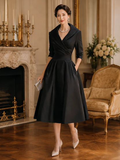 Black Satin Midi Dress | Long Sleeve Vintage Style for Women 2