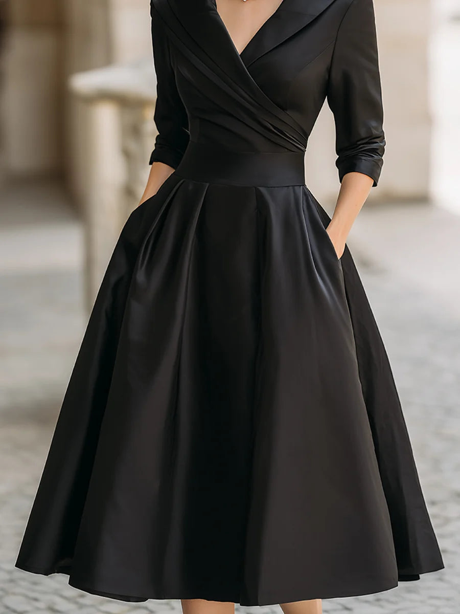 Black Satin Midi Dress | Long Sleeve Vintage Style for Women 4