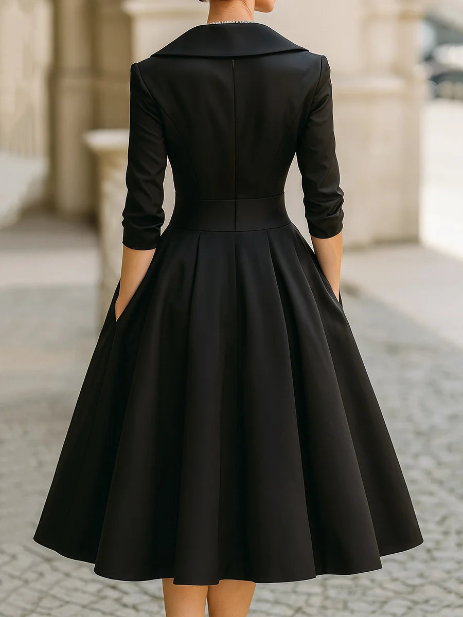 Black Satin Midi Dress | Long Sleeve Vintage Style for Women 5