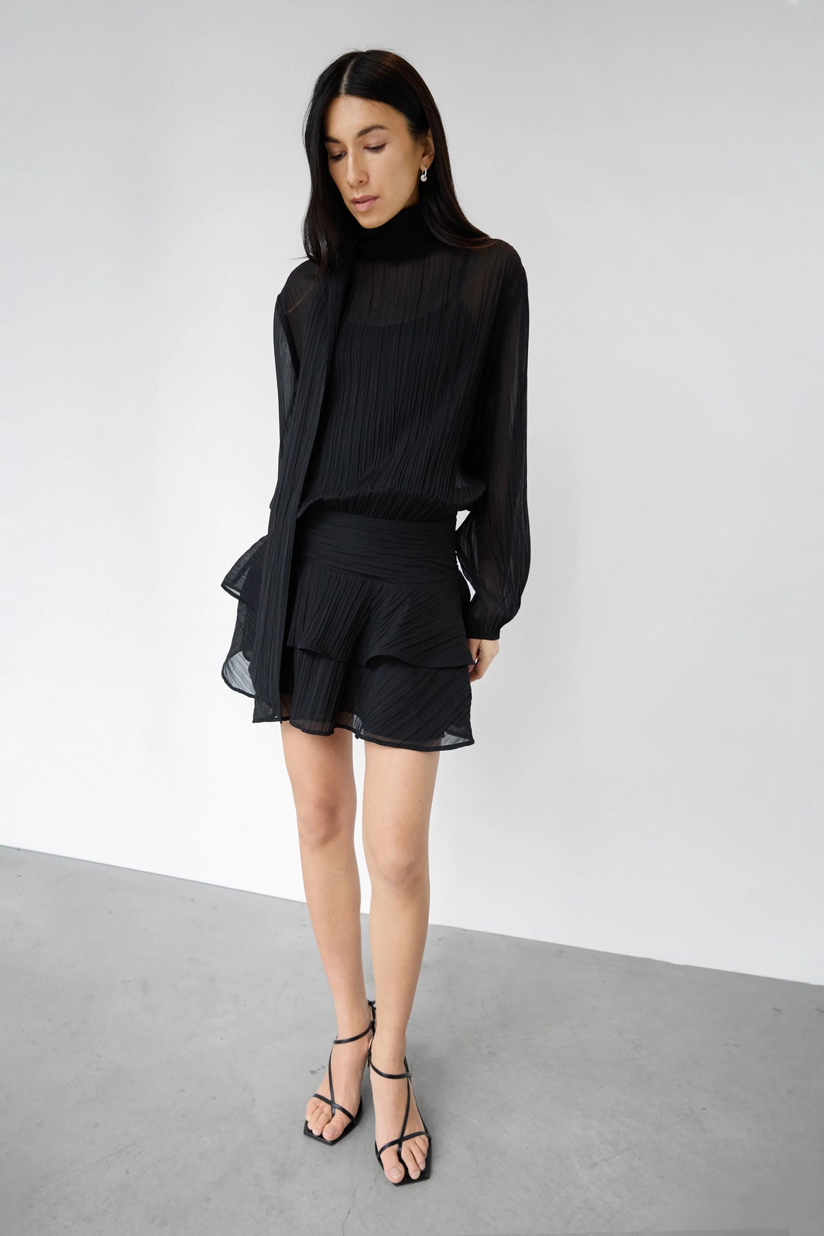 Black Sheer Ruffled Mini Dress | Women's Dress Size S 4