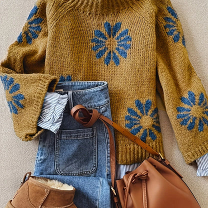 Blossom-Knit High Neck Sweater | Women's Sweater with Floral Design 0