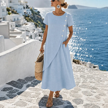 Blush Pink Midi Dress | Women's Asymmetric Button Dress with Pockets 0