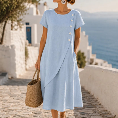 Blush Pink Midi Dress | Women's Asymmetric Button Dress with Pockets 1