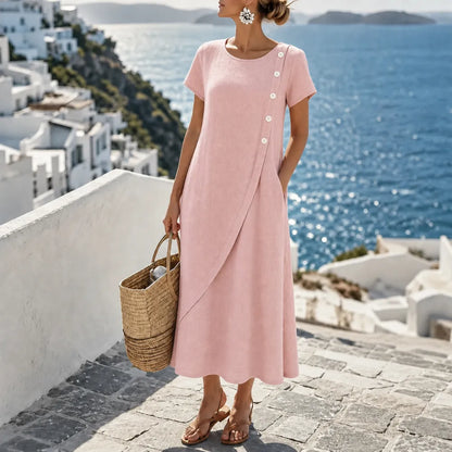 Blush Pink Midi Dress | Women's Asymmetric Button Dress with Pockets 10