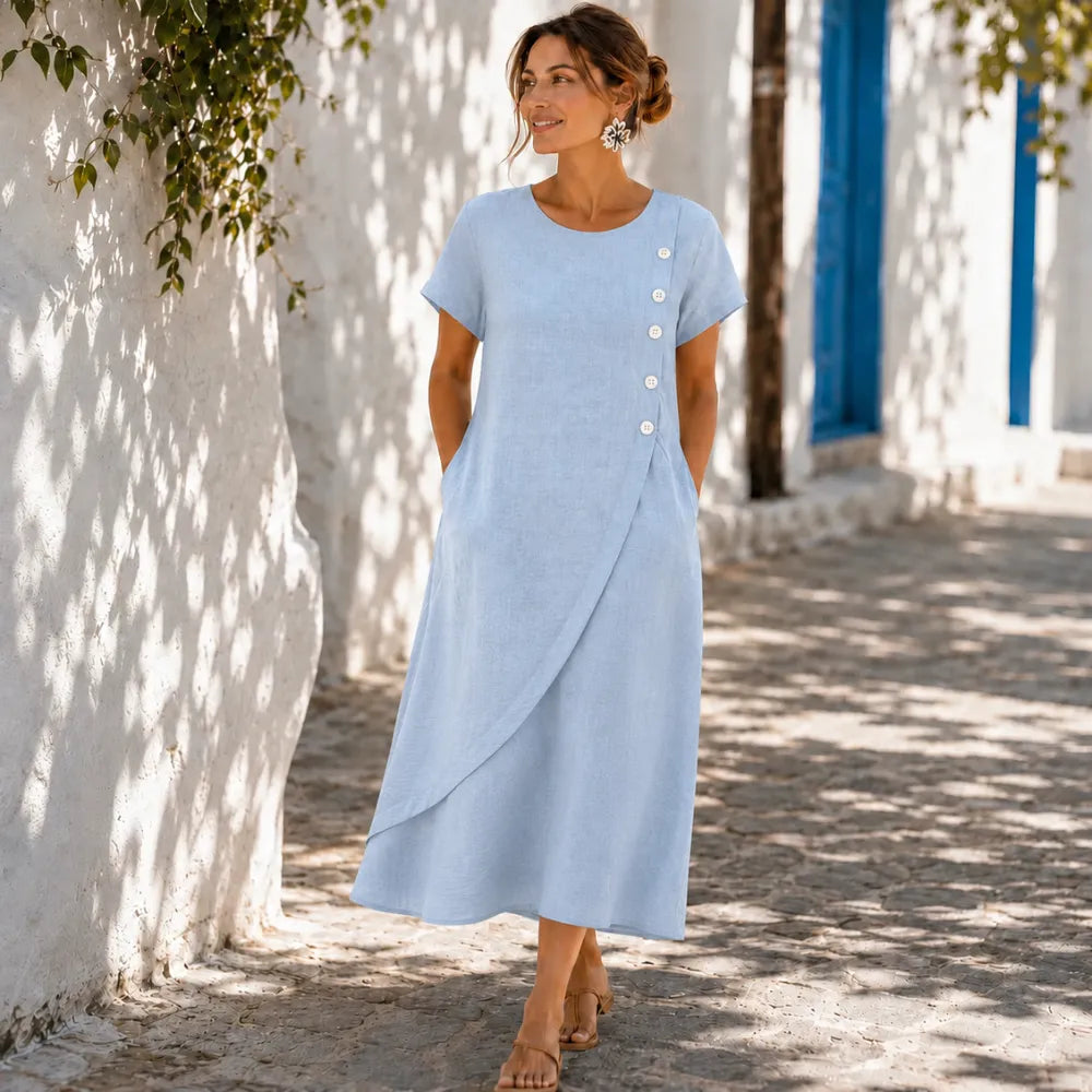 Blush Pink Midi Dress | Women's Asymmetric Button Dress with Pockets 4