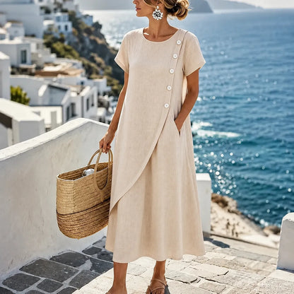 Blush Pink Midi Dress | Women's Asymmetric Button Dress with Pockets 9