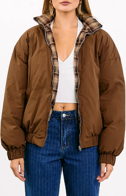 Brown Plaid Puffer Jacket | Women's Winter Coats 1