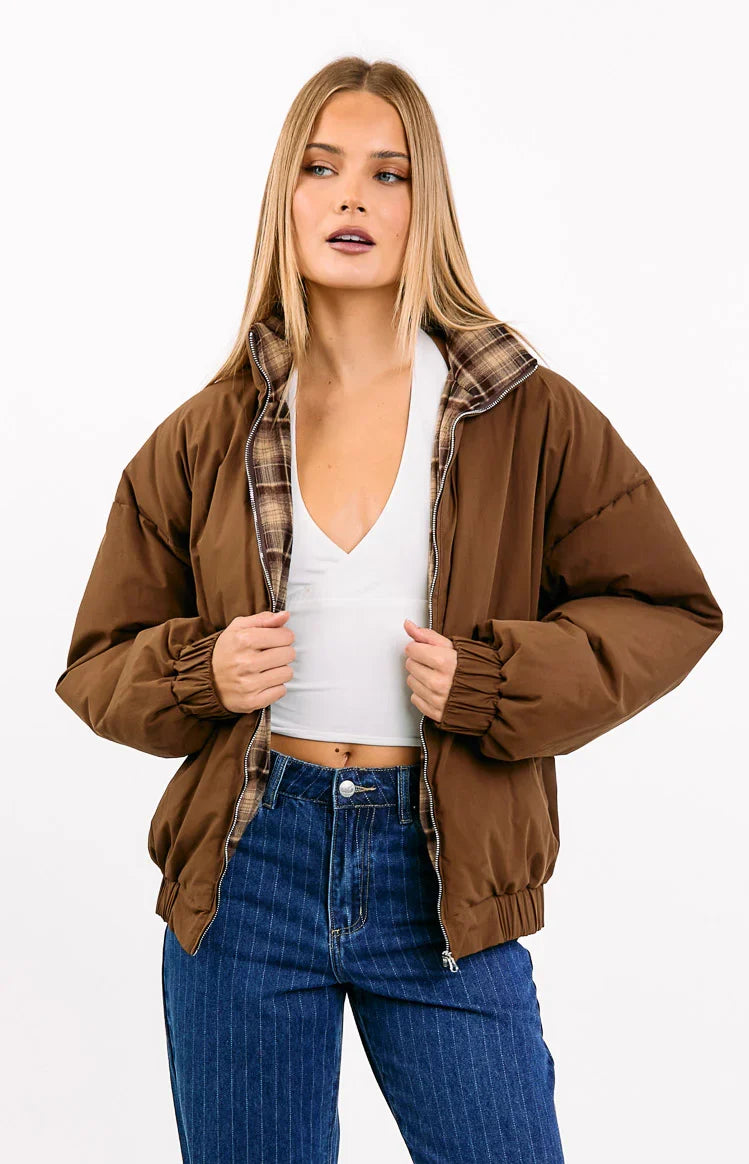 Brown Plaid Puffer Jacket | Women's Winter Coats 4