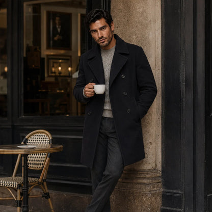 Buckingham | Men's Double Breasted Wool Peacoat Black 5