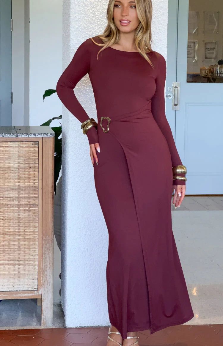 Burgundy Long Sleeve Maxi Dress | Women's Wrap Dress 4
