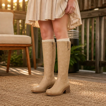 Calvera | Wide-Opening Pull-On Block Heel Knee-High Boots 10