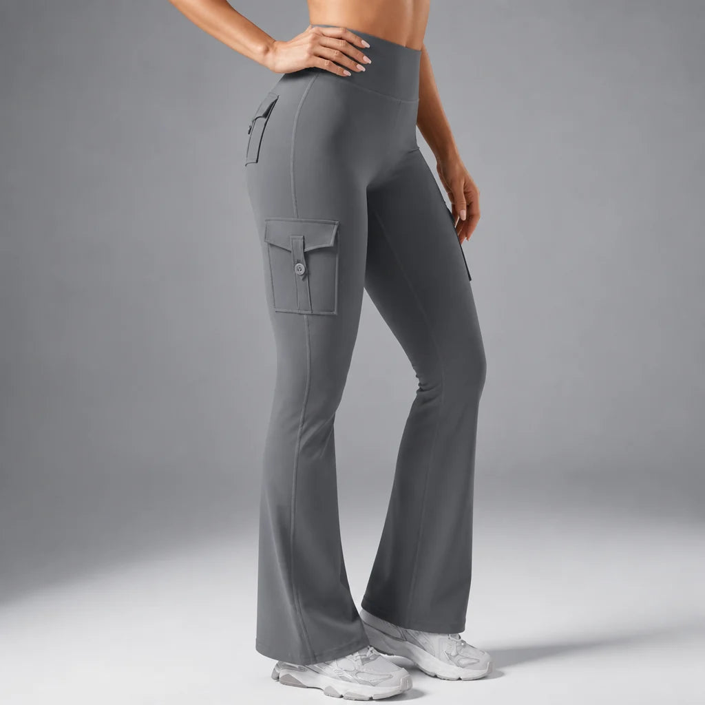 Curvana | High-Waisted Ruched Flare Cargo Leggings 10
