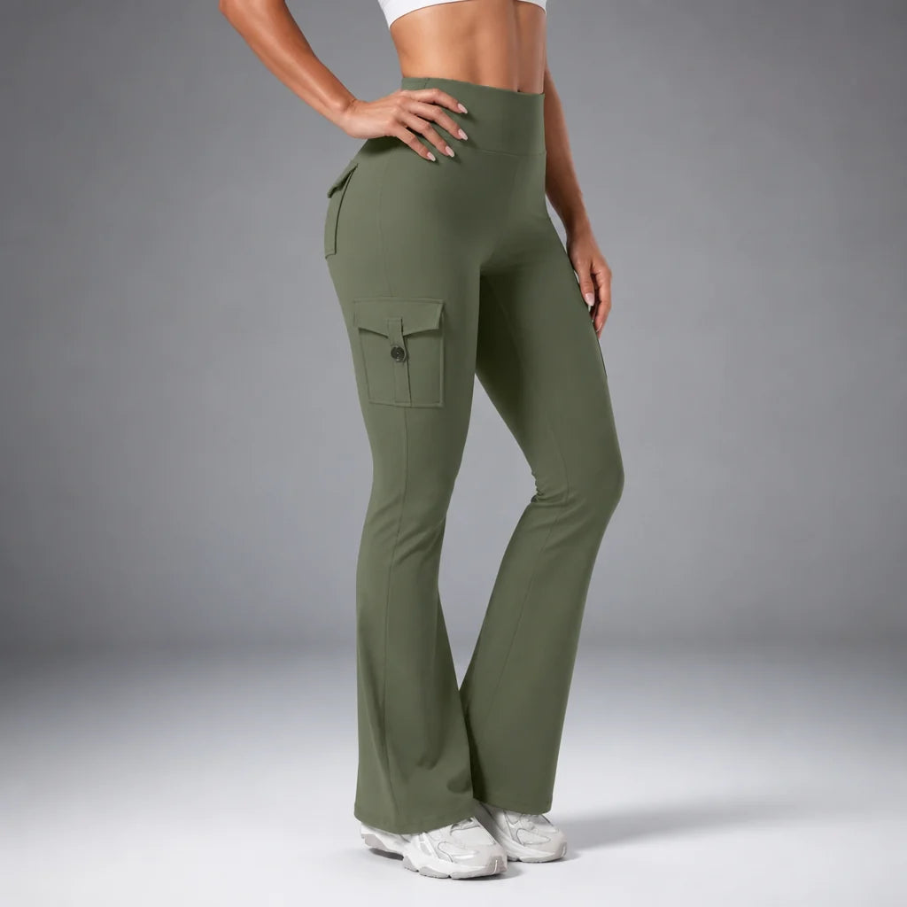 Curvana | High-Waisted Ruched Flare Cargo Leggings 12
