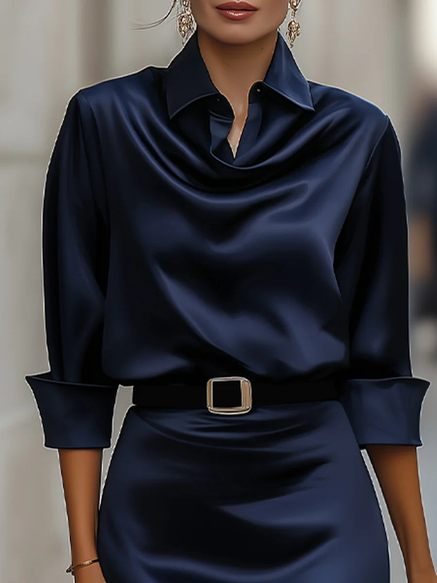 Deep Navy Satin Midi Dress | Women's Cocktail Dress 2
