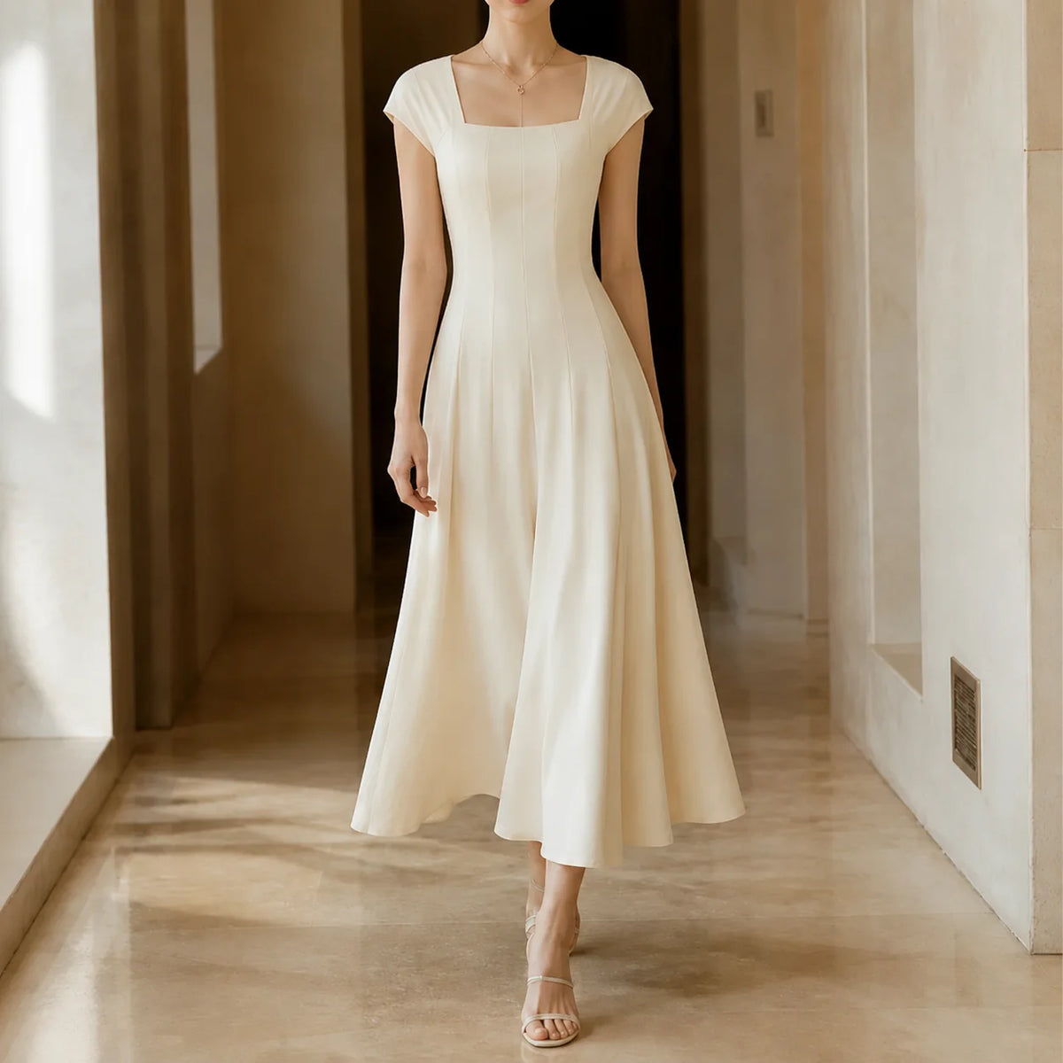 Elowyn | White Midi Dress with Square Neck A-Line Design 2