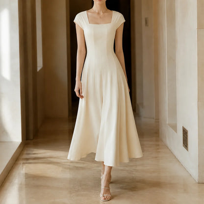 Elowyn | White Midi Dress with Square Neck A-Line Design 2