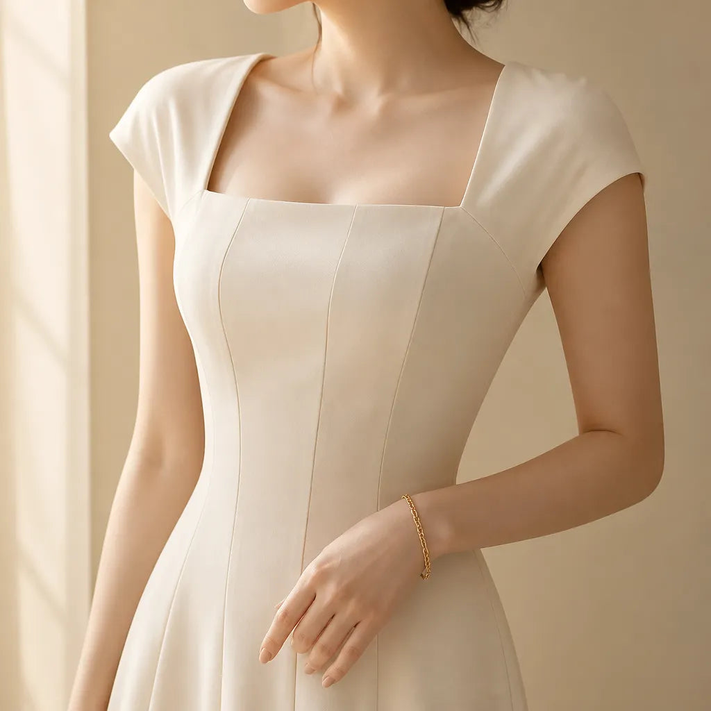 Elowyn | White Midi Dress with Square Neck A-Line Design 5
