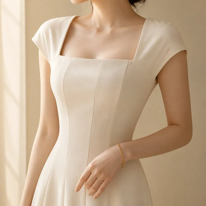 Elowyn | White Midi Dress with Square Neck A-Line Design 5