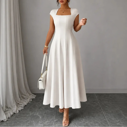 Elowyn | White Midi Dress with Square Neck A-Line Design 8