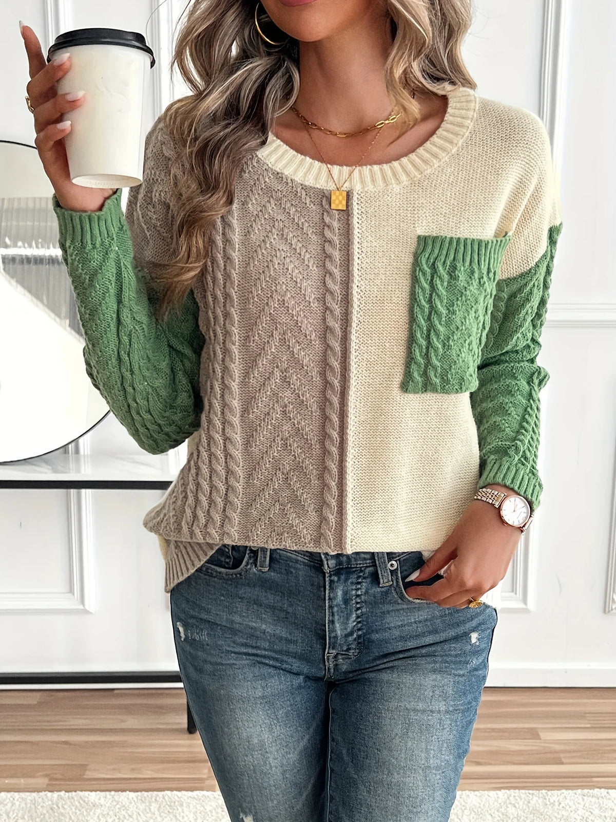 Esme | Women's Color Block Cable Knit Sweater 1